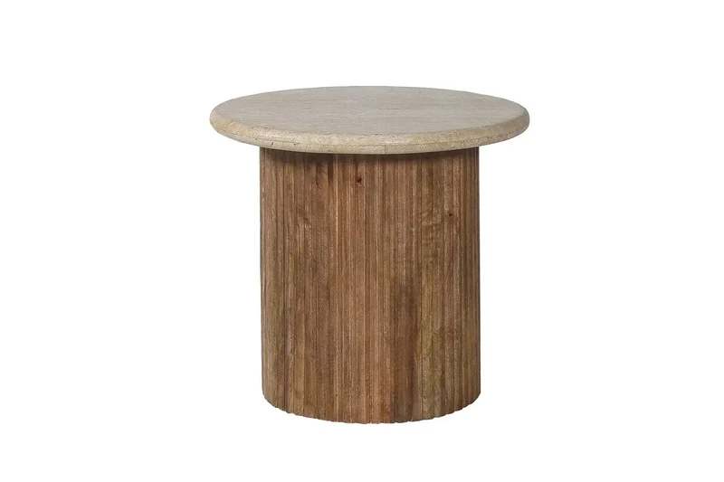 Table d'appoint Ronde en Bois de manguier avec plateau en travertin beige TAËL - 50 cm
