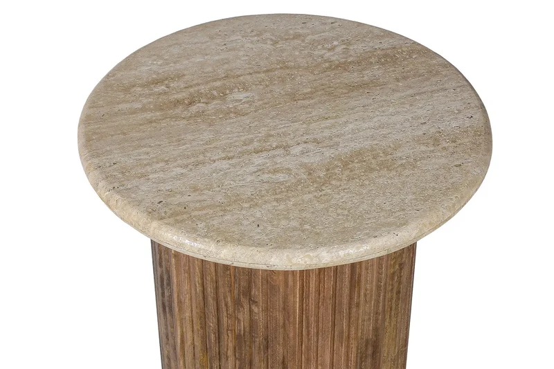 Table d'appoint Ronde en Bois de manguier avec plateau en travertin beige TAËL - 50 cm