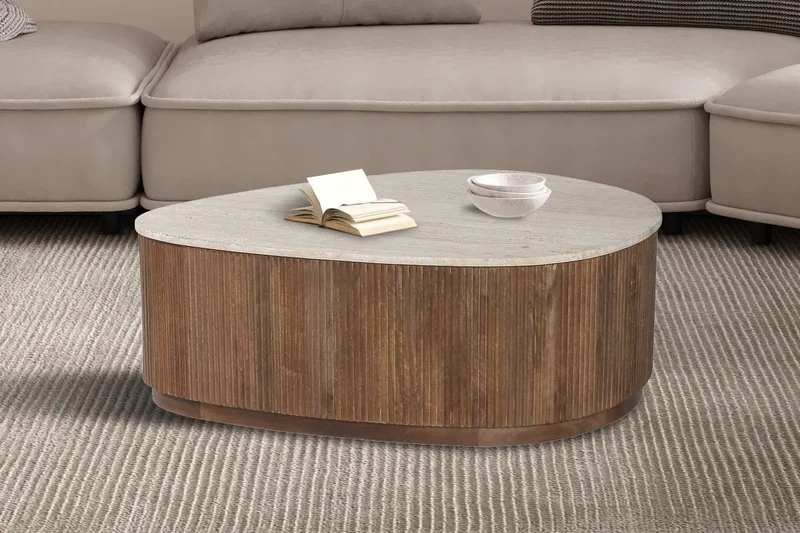Table basse en Bois de manguier avec plateau en Travertin Beige ORYS - 100 cm