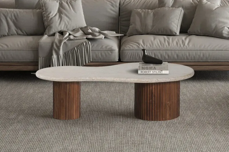 Table basse en Bois de manguier avec plateau en Travertin Beige MARLEY - 120 cm