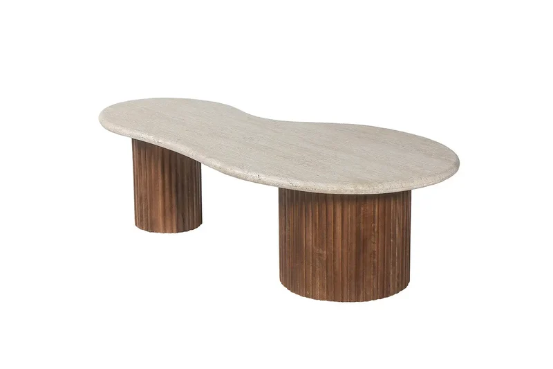 Table basse en Bois de manguier avec plateau en Travertin Beige MARLEY - 120 cm