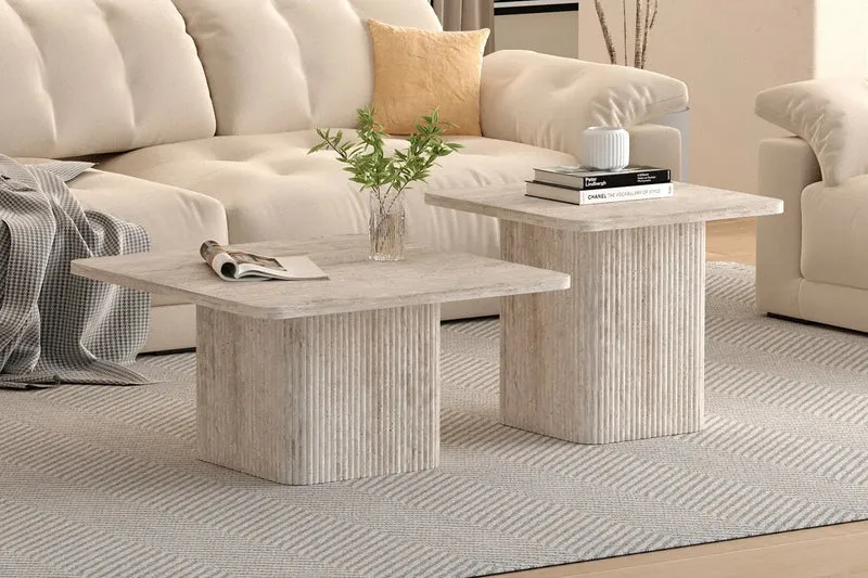 Lot de 2 Tables basses Effet Travertin Beige NOLYA - 52x60 cm et 80x80 cm