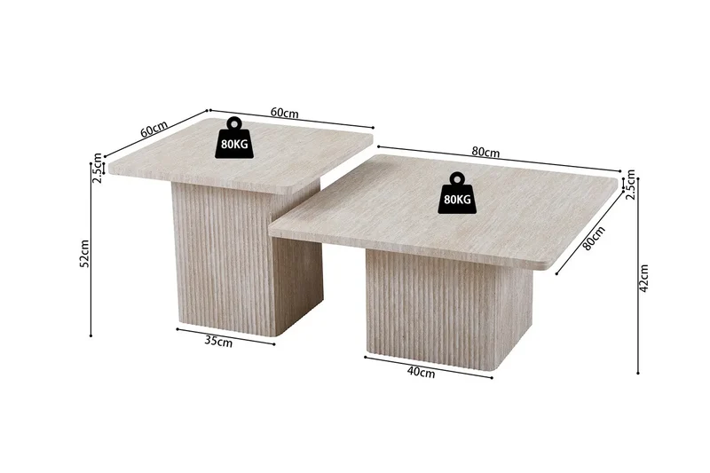 Lot de 2 Tables basses Effet Travertin Beige NOLYA - 52x60 cm et 80x80 cm