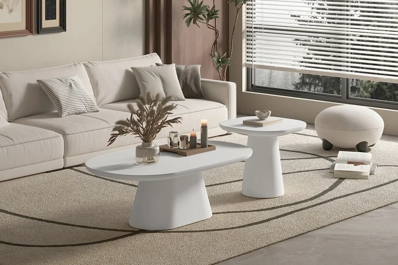 Table Basse Ovale Effet Ciment Ecru TAVINA - 55 cm