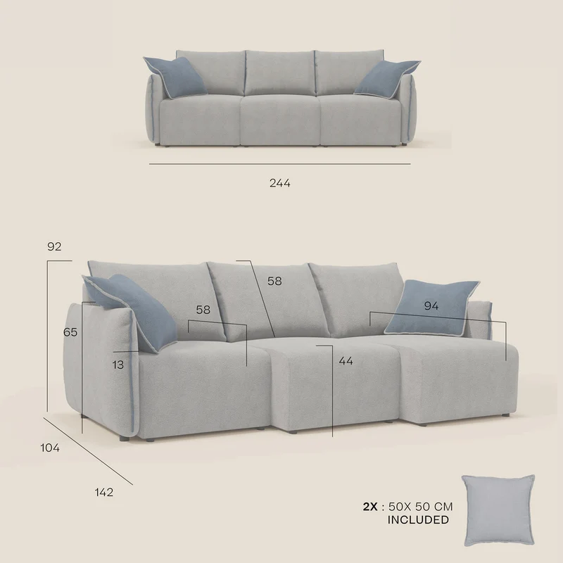 Flexar canapé avec 3 assises extensibles, dossier en duvet d’oie, en bouclé imperméable T07 anthracite - rose