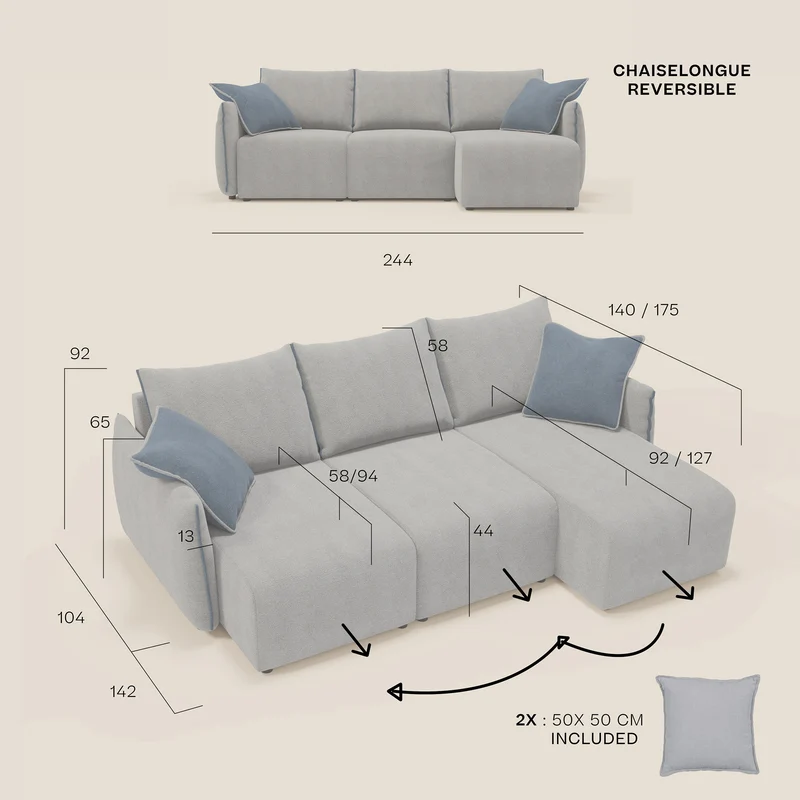 Flexar Canapé d'angle réversible avec assises coulissantes en bouclette douce imperméable T07