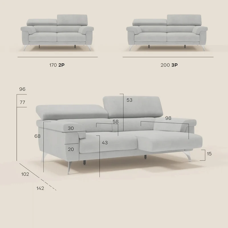 Raffaello Canapé avec assises coulissantes et têtières inclinables en microfibre détachable T11 taupe