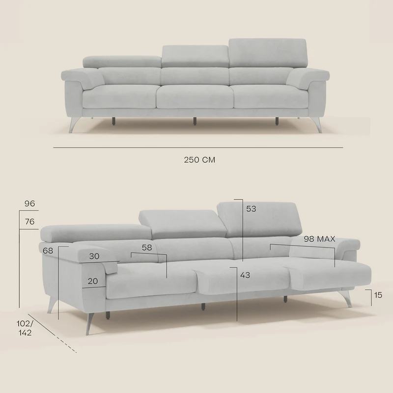 Raffaello Canapé avec 3 assises coulissantes et têtières inclinables en microfibre détachable T11 gris