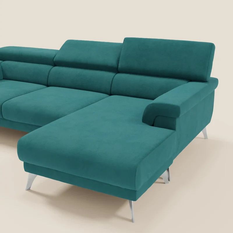 Raffaello Canapé d'angle avec assises coulissantes et têtières en microfibre détachable T11 bleu canard