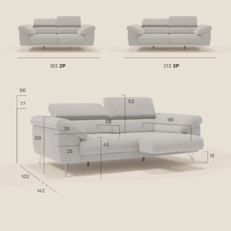 Donatello Canapé avec assises extensibles accoudoirs avec coffre et têtières inclinables en tissu détachable T23 rouge cerise