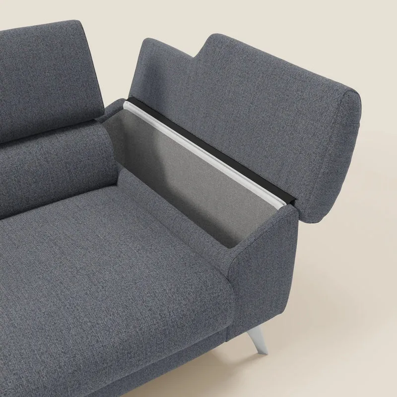 Donatello Canapé avec assises extensibles accoudoirs avec coffre et têtières inclinables en tissu détachable T23 bleu graphite