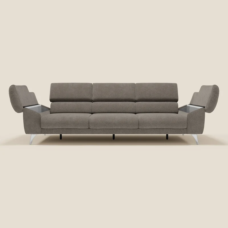 Donatello Canapé avec 3 assises extensibles accoudoirs avec coffre et têtières inclinables en tissu détachable T23 taupe