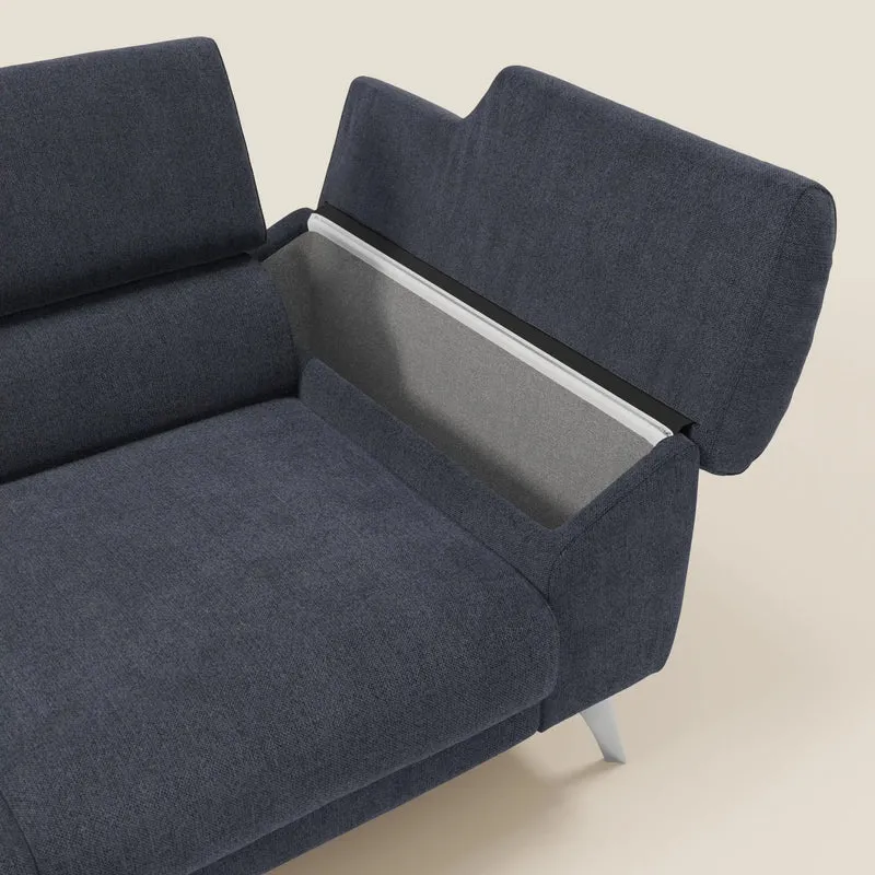 Donatello Canapé avec 3 assises extensibles accoudoirs avec coffre et têtières inclinables en tissu détachable T23 bleu ardoise