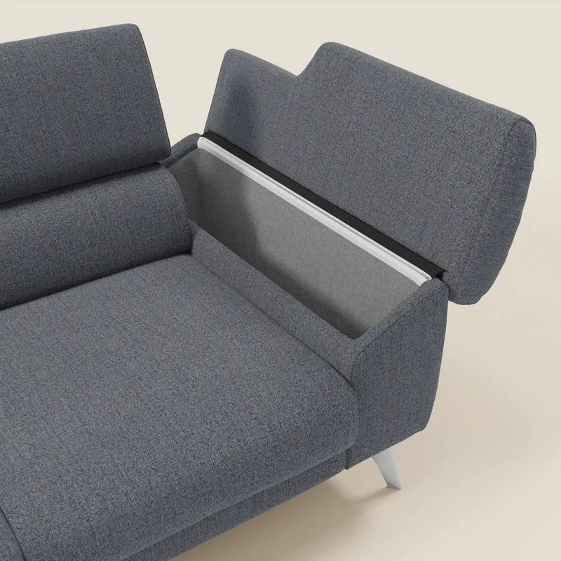 Donatello Canapé avec 3 assises extensibles accoudoirs avec coffre et têtières inclinables en tissu détachable T23 bleu graphite