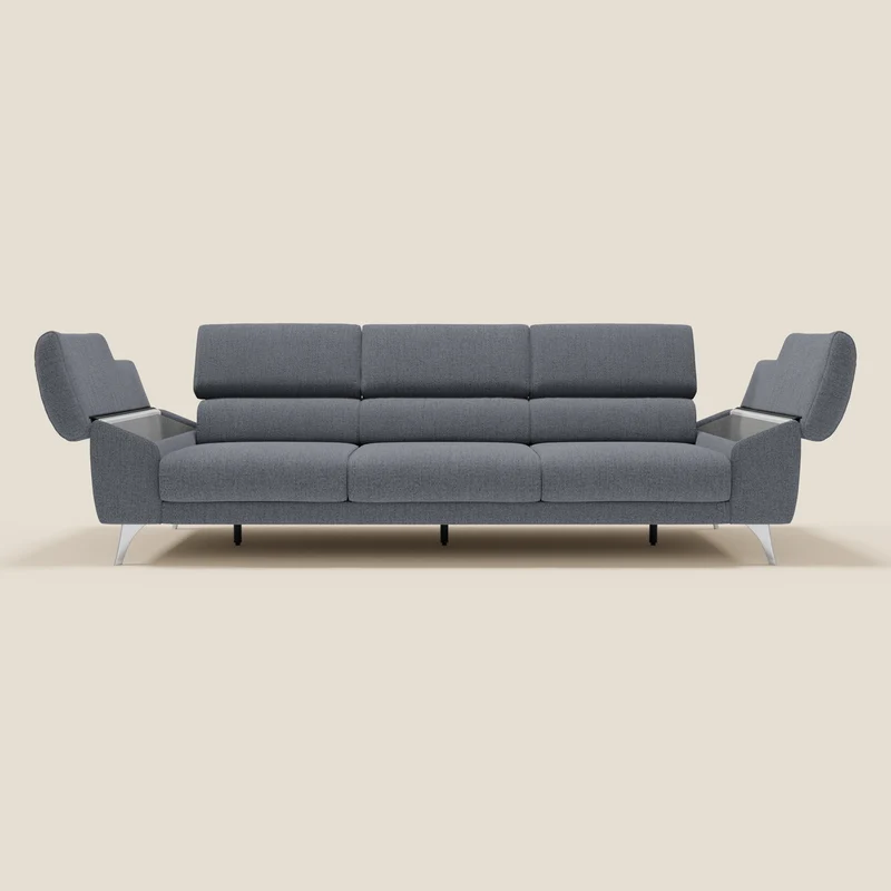 Donatello Canapé avec 3 assises extensibles accoudoirs avec coffre et têtières inclinables en tissu détachable T23 bleu graphite