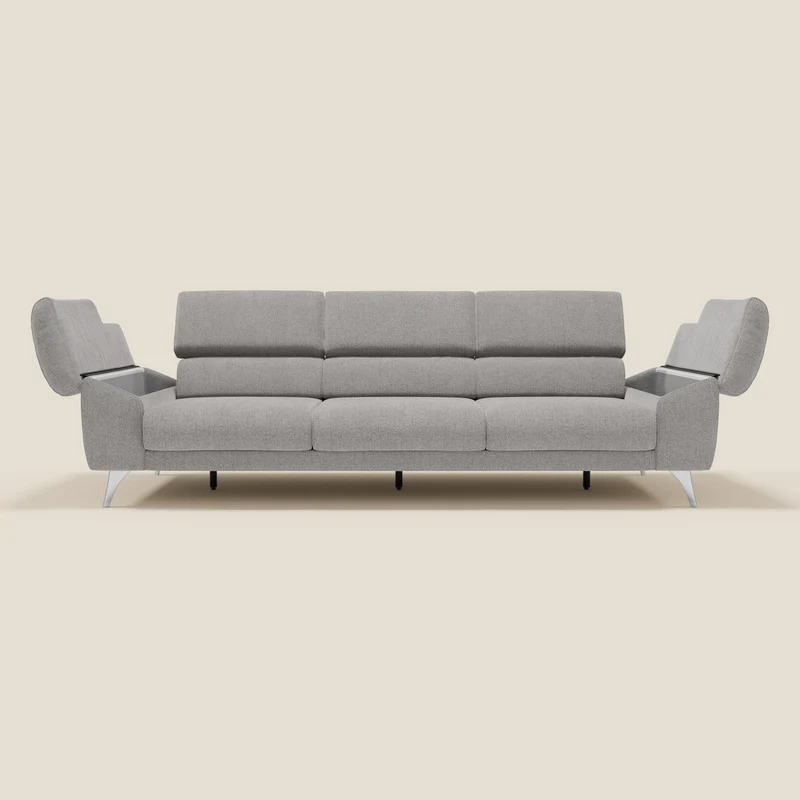 Donatello Canapé avec 3 assises extensibles accoudoirs avec coffre et têtières inclinables en tissu détachable T23 gris