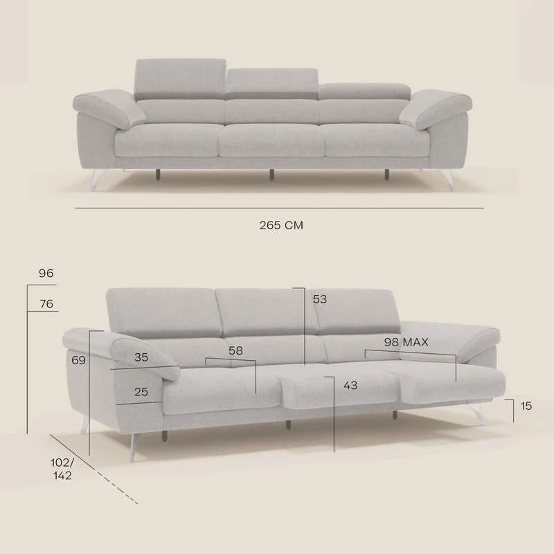 Donatello Canapé avec 3 assises extensibles accoudoirs avec coffre et têtières inclinables en tissu détachable T23 gris