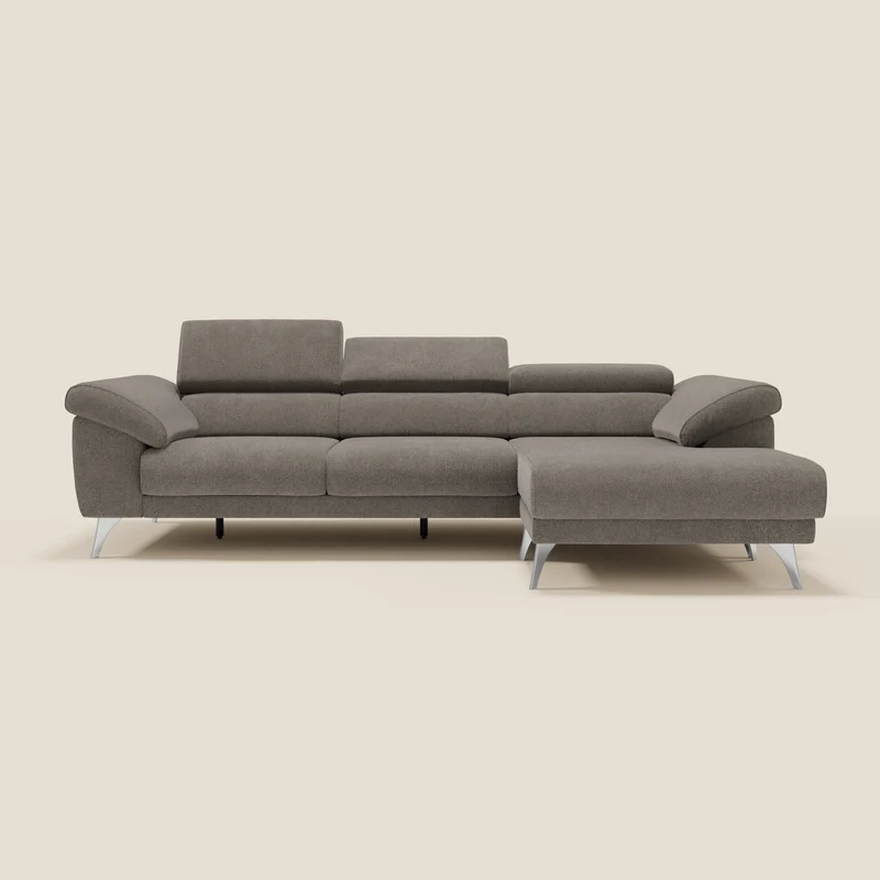 Donatello Canapé d'angle avec assises extensibles accoudoirs avec coffre et têtières en tissu détachable T23 taupe