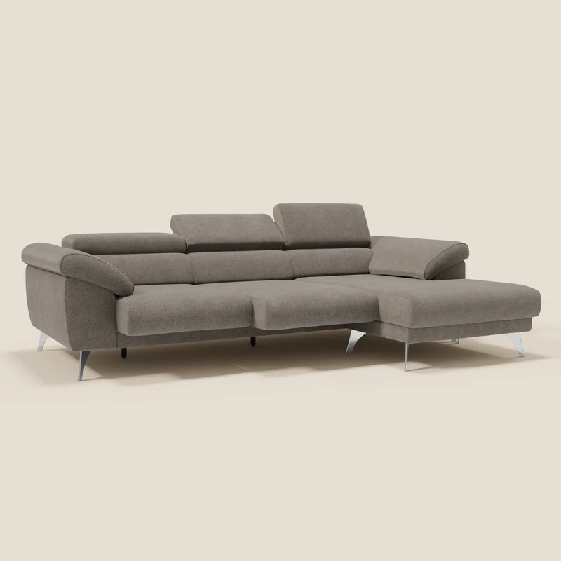 Donatello Canapé d'angle avec assises extensibles accoudoirs avec coffre et têtières en tissu détachable T23 taupe