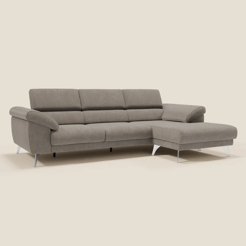 Donatello Canapé d'angle avec assises extensibles accoudoirs avec coffre et têtières en tissu détachable T23 taupe
