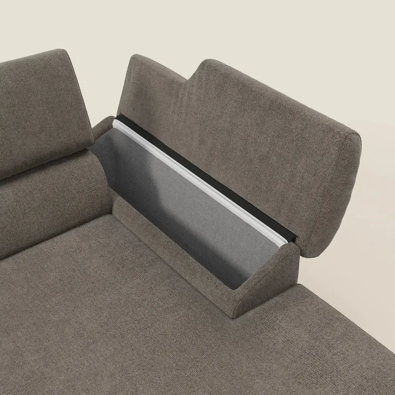 Donatello Canapé d'angle avec assises extensibles accoudoirs avec coffre et têtières en tissu détachable T23 taupe