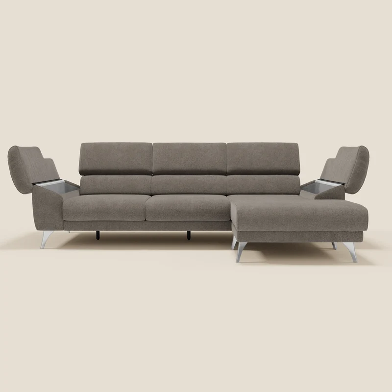 Donatello Canapé d'angle avec assises extensibles accoudoirs avec coffre et têtières en tissu détachable T23 taupe