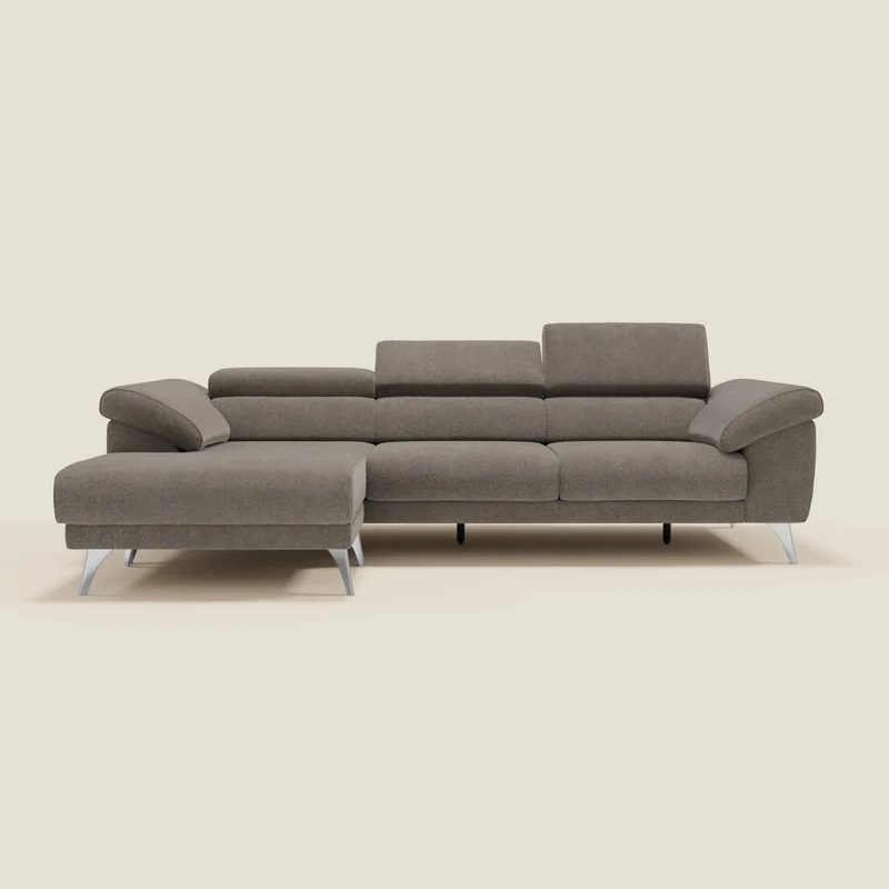 Donatello Canapé d'angle avec assises extensibles accoudoirs avec coffre et têtières en tissu détachable T23 taupe