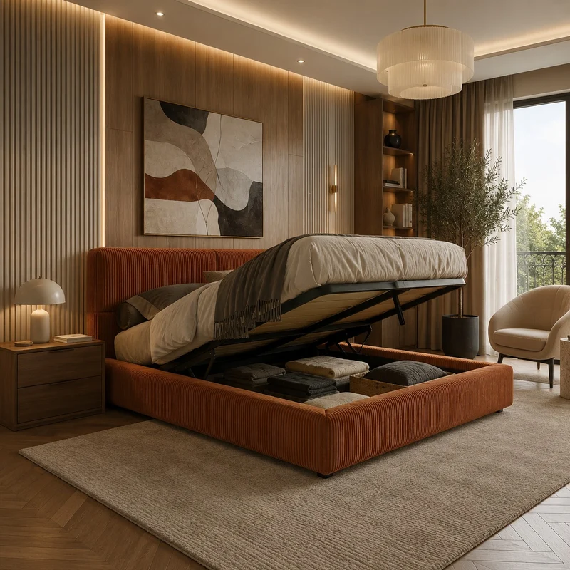 Lit coffre en velours côtelé