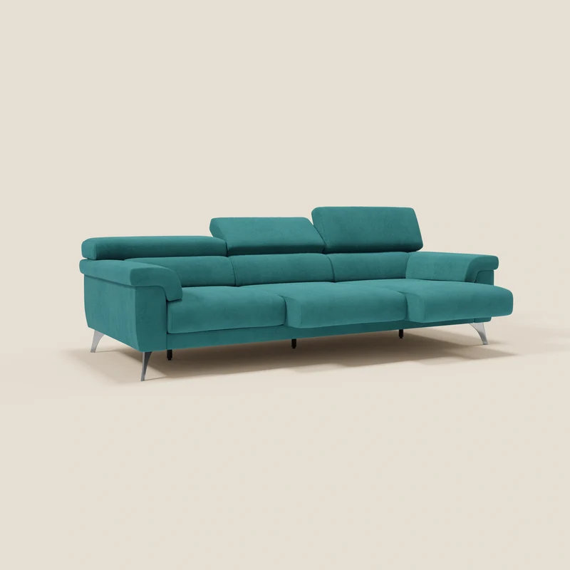 Raffaello Canapé avec 3 assises coulissantes et têtières inclinables en microfibre détachable T11 bleu canard
