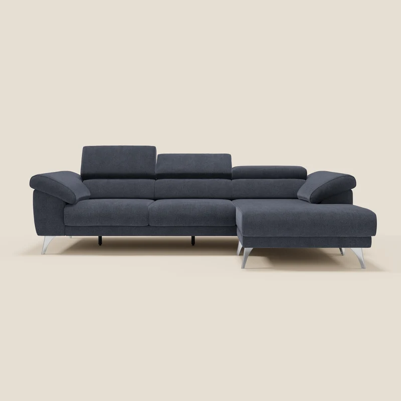Donatello Canapé d'angle avec assises extensibles accoudoirs avec coffre et têtières en tissu détachable T23 bleu ardoise