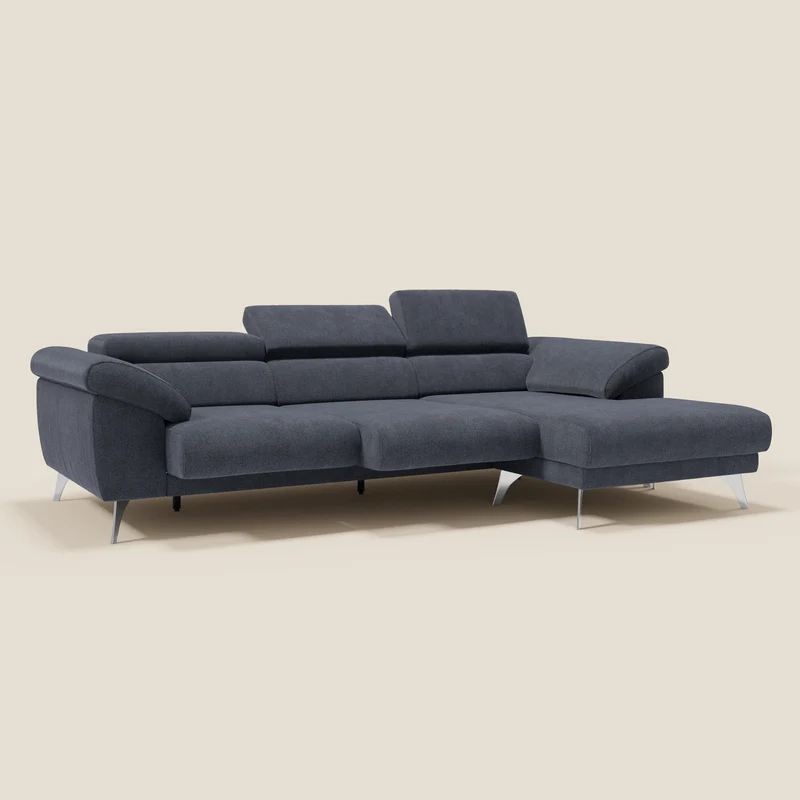 Donatello Canapé d'angle avec assises extensibles accoudoirs avec coffre et têtières en tissu détachable T23 bleu ardoise