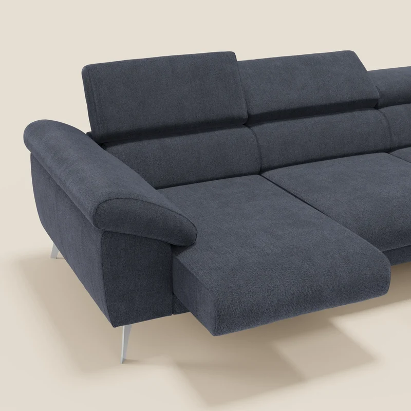 Donatello Canapé d'angle avec assises extensibles accoudoirs avec coffre et têtières en tissu détachable T23 bleu ardoise
