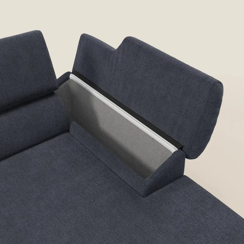 Donatello Canapé d'angle avec assises extensibles accoudoirs avec coffre et têtières en tissu détachable T23 bleu ardoise