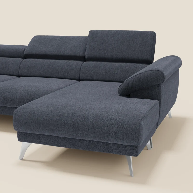 Donatello Canapé d'angle avec assises extensibles accoudoirs avec coffre et têtières en tissu détachable T23 bleu ardoise