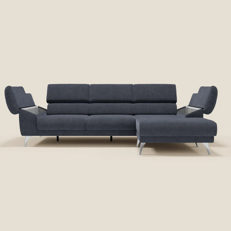 Donatello Canapé d'angle avec assises extensibles accoudoirs avec coffre et têtières en tissu détachable T23 bleu ardoise