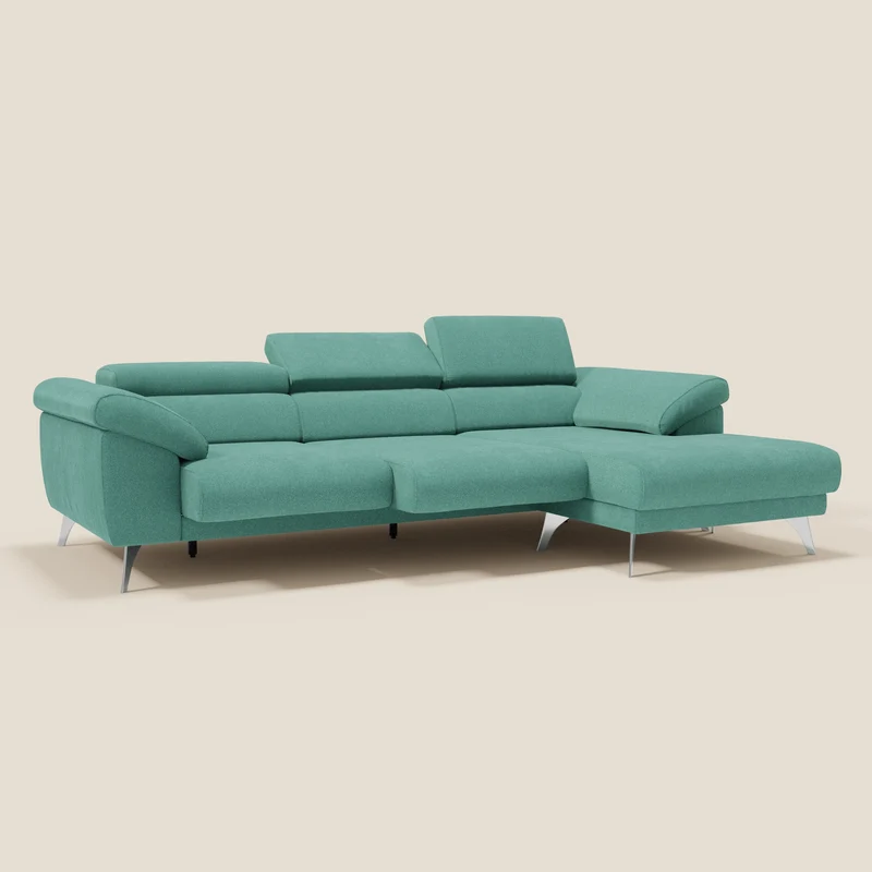 Donatello Canapé d'angle avec assises extensibles accoudoirs avec coffre et têtières en tissu détachable T23 vert aquamarine