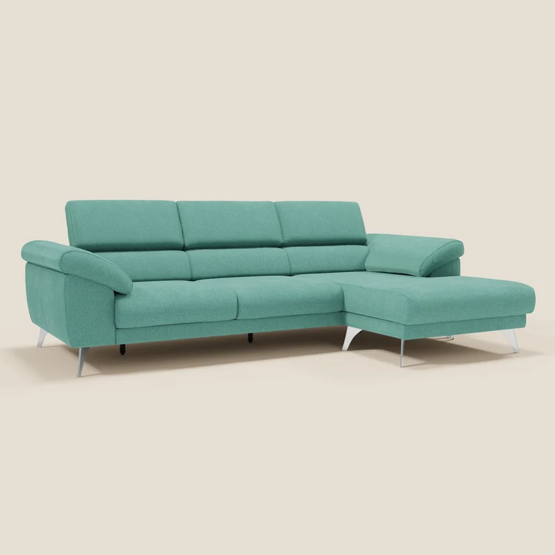 Donatello Canapé d'angle avec assises extensibles accoudoirs avec coffre et têtières en tissu détachable T23 vert aquamarine