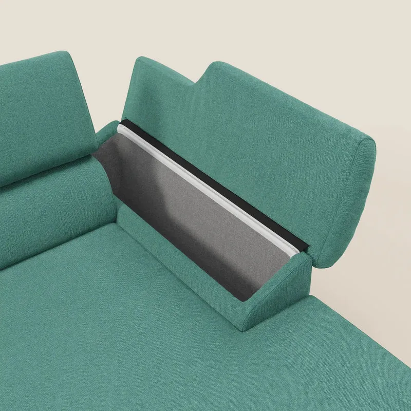 Donatello Canapé d'angle avec assises extensibles accoudoirs avec coffre et têtières en tissu détachable T23 vert aquamarine