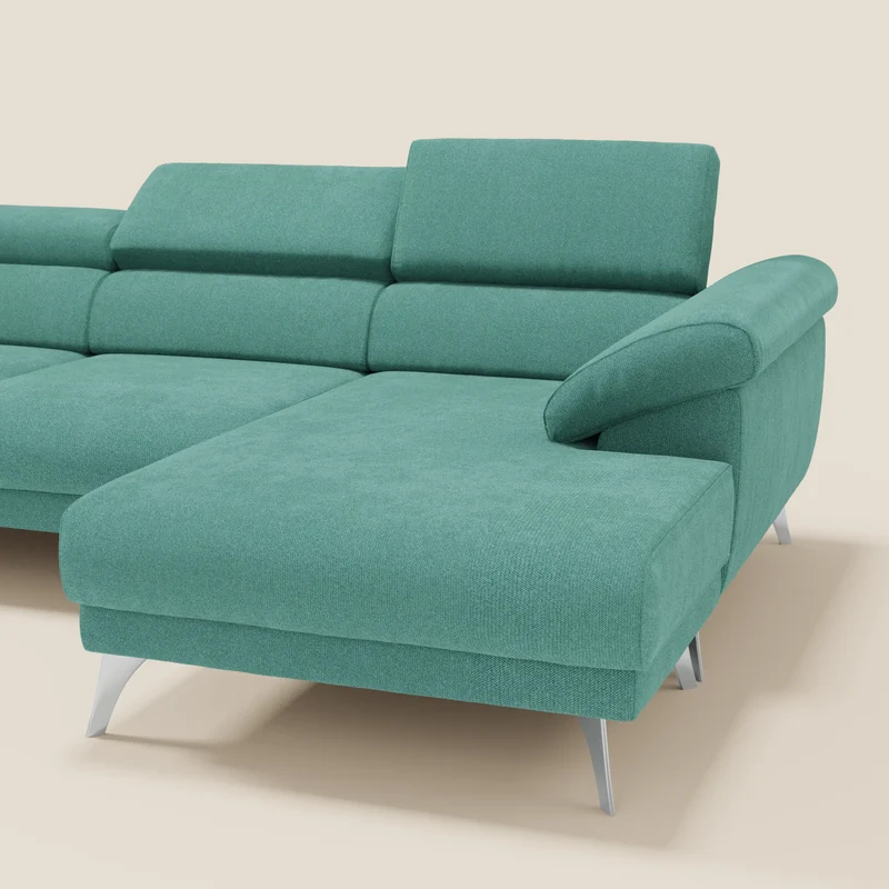 Donatello Canapé d'angle avec assises extensibles accoudoirs avec coffre et têtières en tissu détachable T23 vert aquamarine