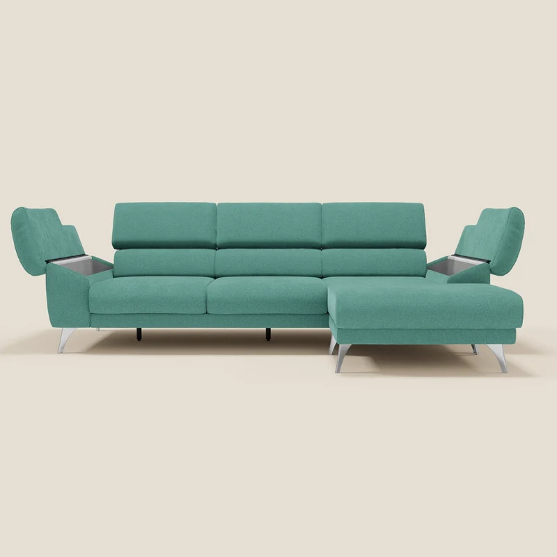Donatello Canapé d'angle avec assises extensibles accoudoirs avec coffre et têtières en tissu détachable T23 vert aquamarine