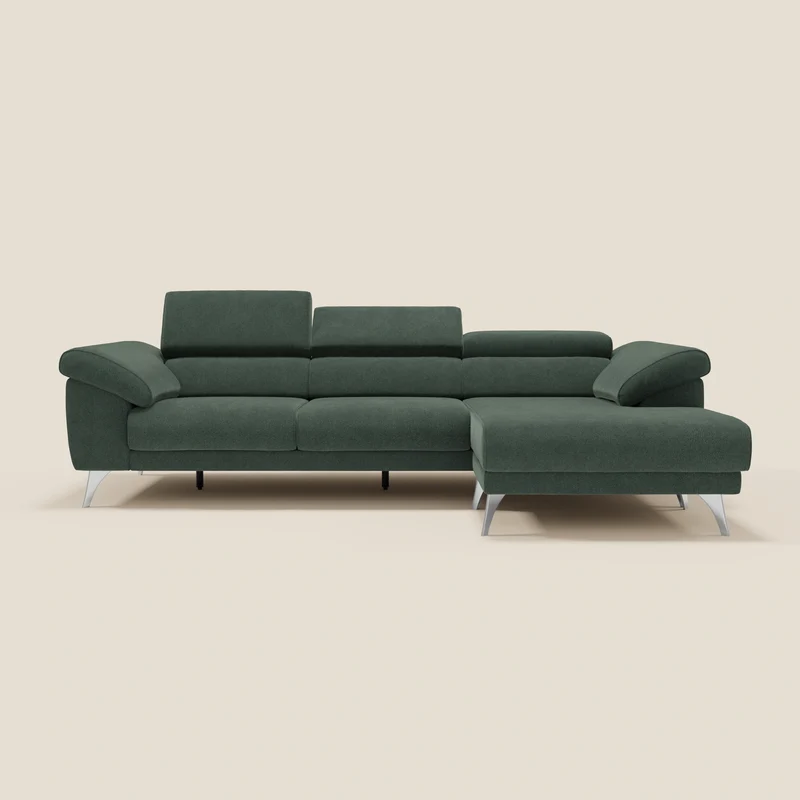 Donatello Canapé d'angle avec assises extensibles accoudoirs avec coffre et têtières en tissu détachable T23 vert