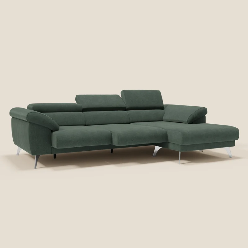 Donatello Canapé d'angle avec assises extensibles accoudoirs avec coffre et têtières en tissu détachable T23 vert