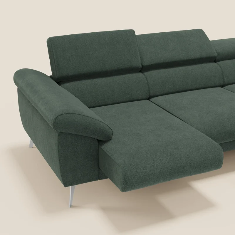 Donatello Canapé d'angle avec assises extensibles accoudoirs avec coffre et têtières en tissu détachable T23 vert