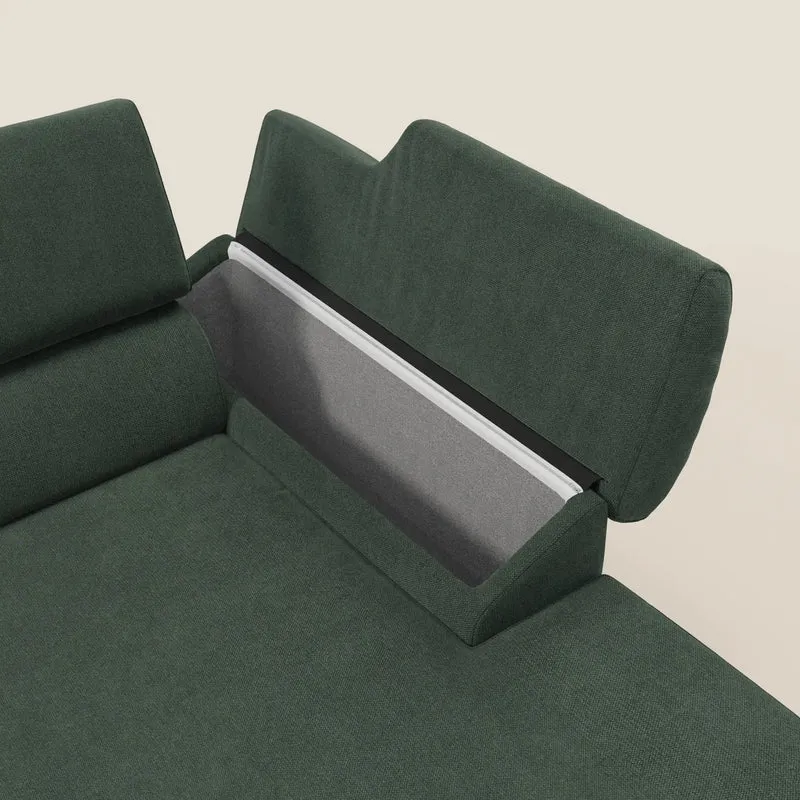 Donatello Canapé d'angle avec assises extensibles accoudoirs avec coffre et têtières en tissu détachable T23 vert