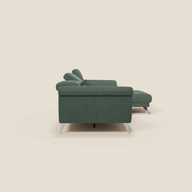 Donatello Canapé d'angle avec assises extensibles accoudoirs avec coffre et têtières en tissu détachable T23 vert