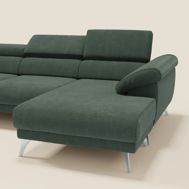 Donatello Canapé d'angle avec assises extensibles accoudoirs avec coffre et têtières en tissu détachable T23 vert
