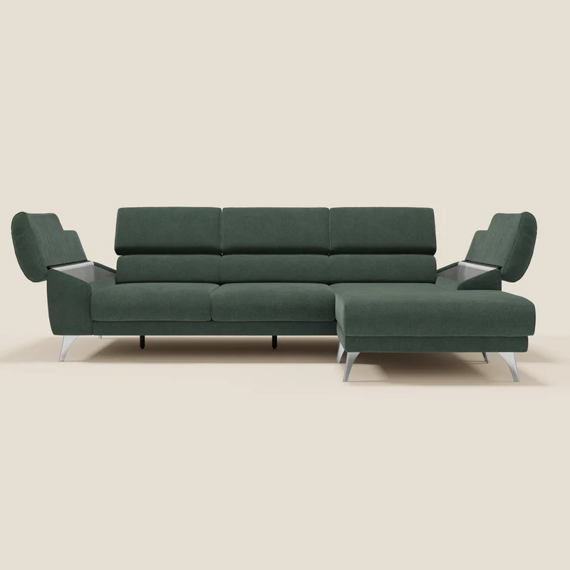 Donatello Canapé d'angle avec assises extensibles accoudoirs avec coffre et têtières en tissu détachable T23 vert