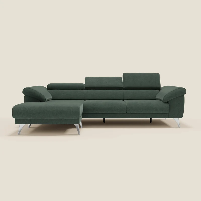Donatello Canapé d'angle avec assises extensibles accoudoirs avec coffre et têtières en tissu détachable T23 vert