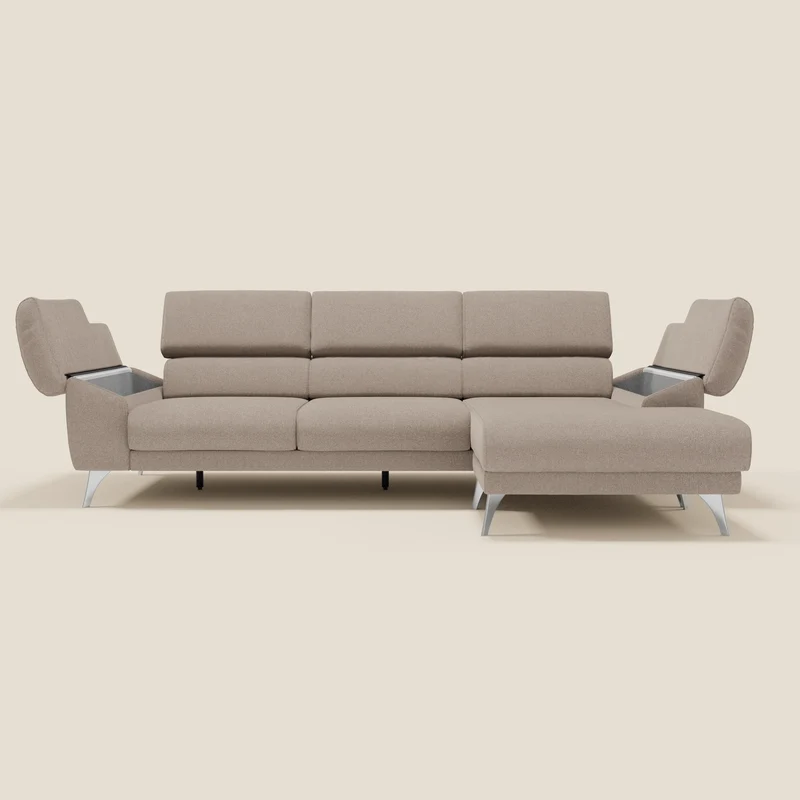 Donatello Canapé d'angle avec assises extensibles accoudoirs avec coffre et têtières en tissu détachable T23 tortora