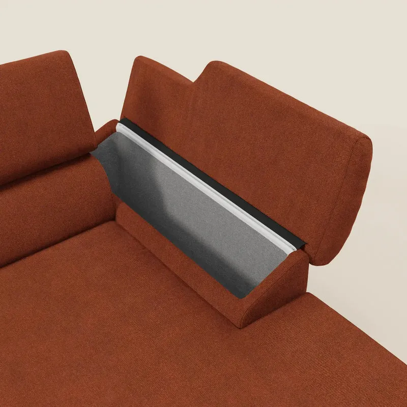 Donatello Canapé d'angle avec assises extensibles accoudoirs avec coffre et têtières en tissu détachable T23 orange rouille